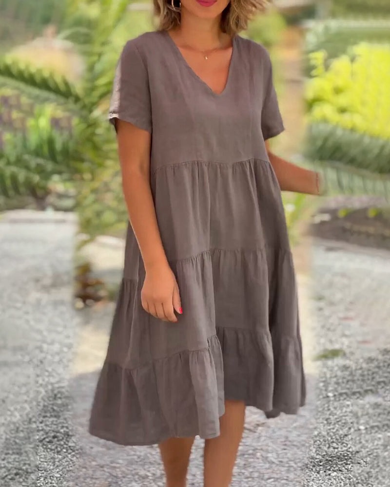 Elsie Tiered V-Neck Cotton Linen Summer Dress with Short Sleeves