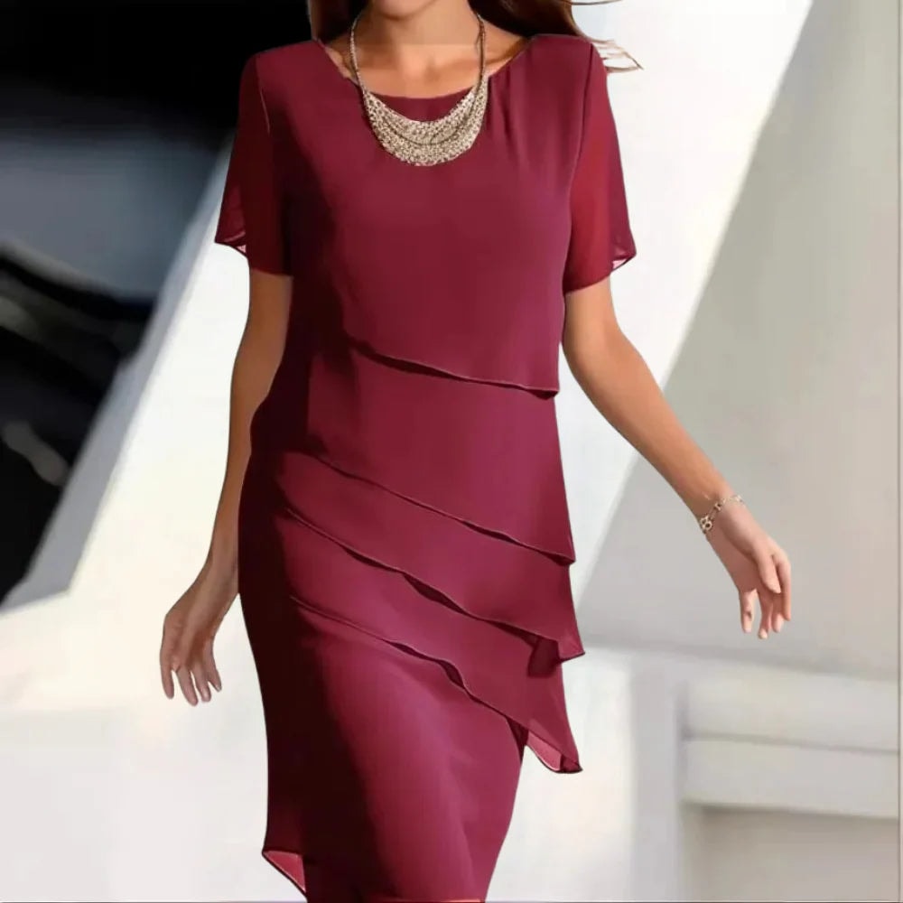 Layered Chiffon Short-Sleeve Summer Midi Dress for Women with Crew Neck