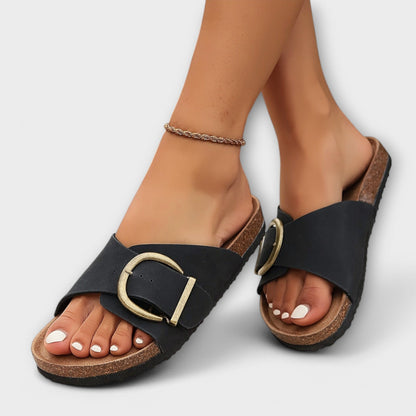 Joan Buckle-Strap Women's Cushioned Slide Sandals with Cork Footbed