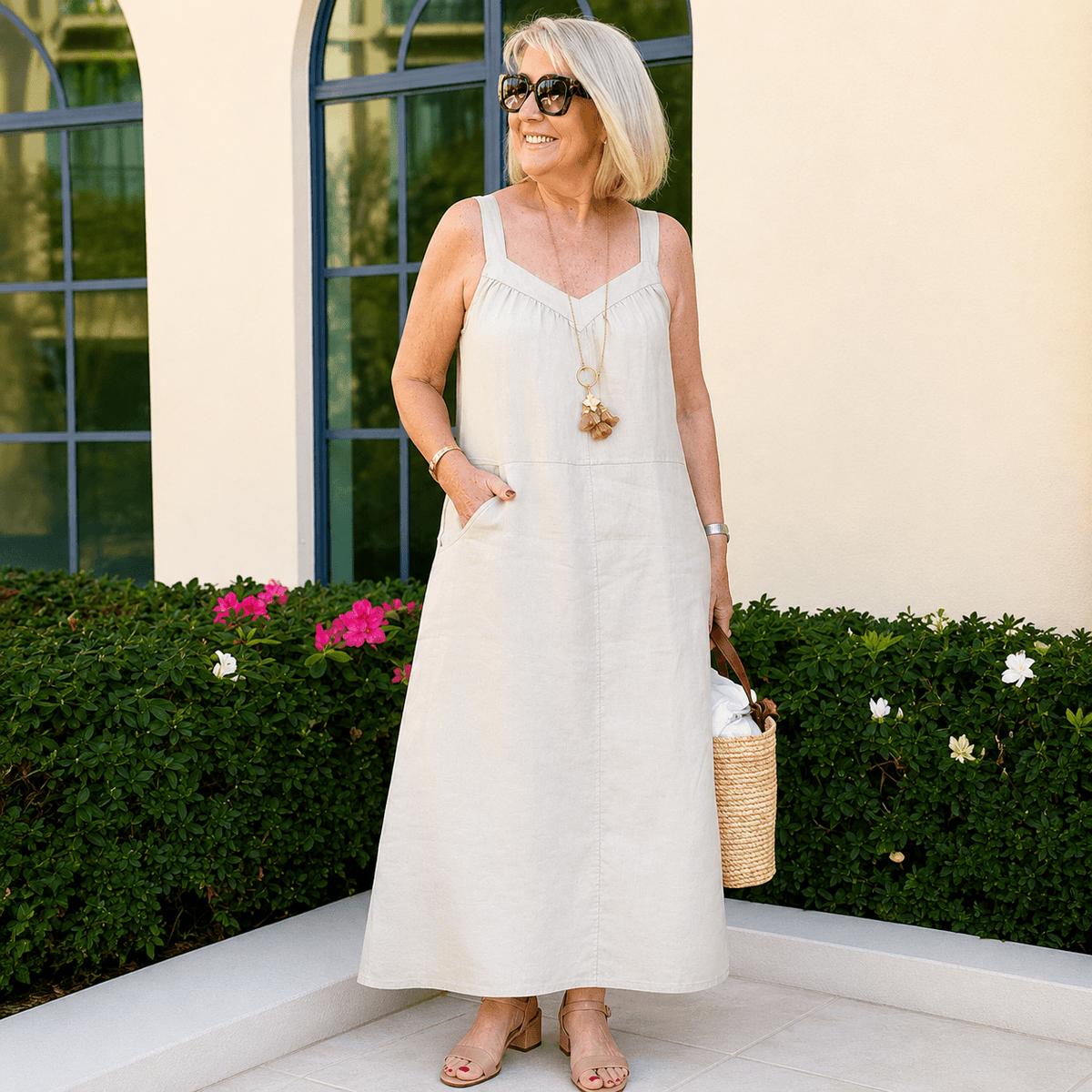 Evangeline Sleeveless Cotton Linen A-Line Women's Summer Midi Dress with Pockets