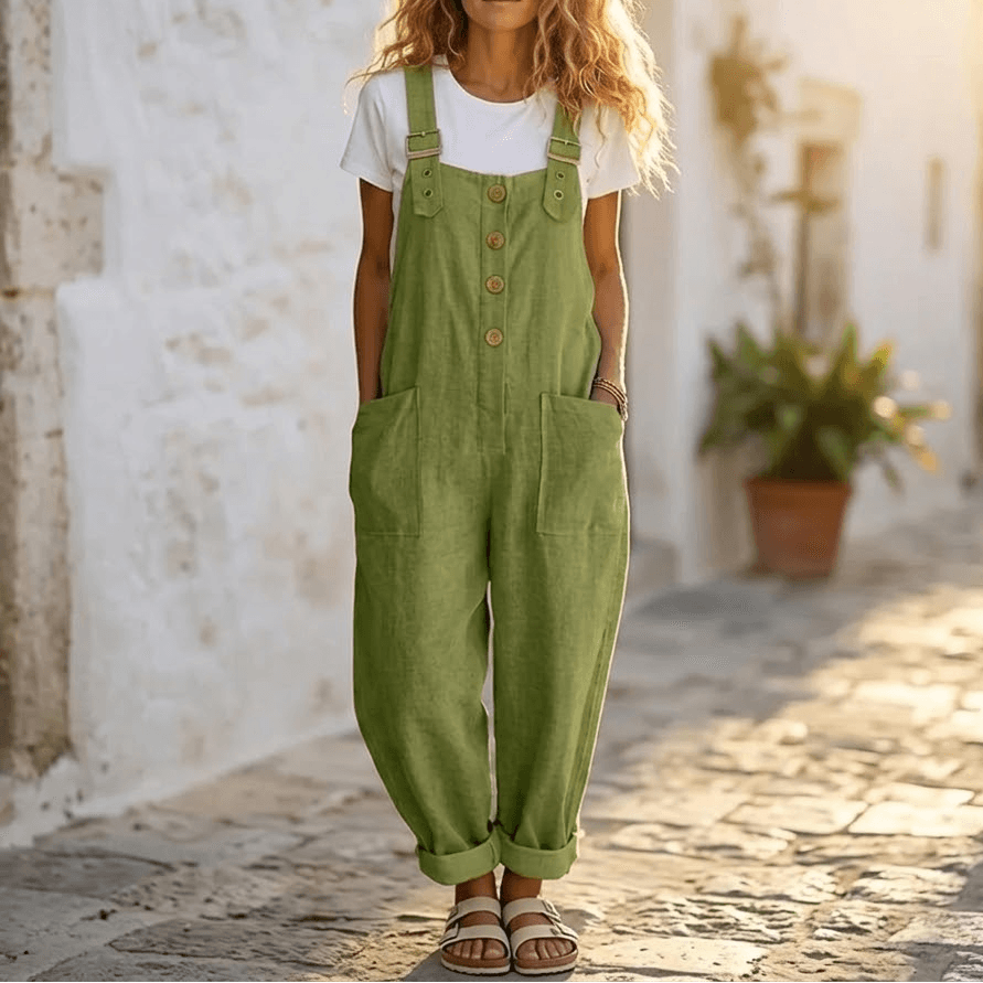 Women's Button-Front Wide-Leg Linen Overalls with Pockets