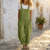 Women's Button-Front Wide-Leg Linen Overalls with Pockets