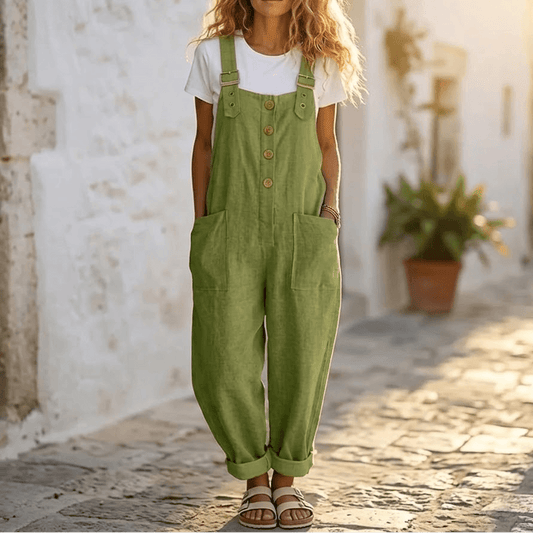 Women's Button-Front Wide-Leg Linen Overalls with Pockets