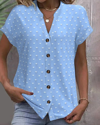 Amarys Printed Button-Down V-Neck Top with Short Sleeves