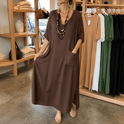Marisole Loose-Fit V-Neck Maxi Dress with Deep Pockets and Side Slits