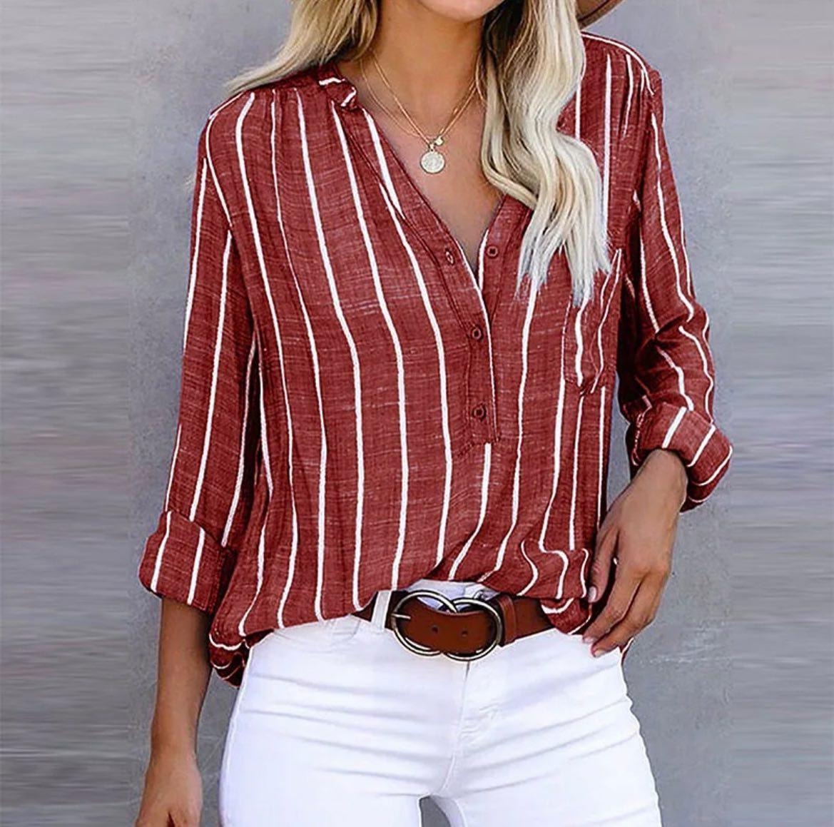 Candace Women's Striped Roll-Up Long Sleeve Blouse