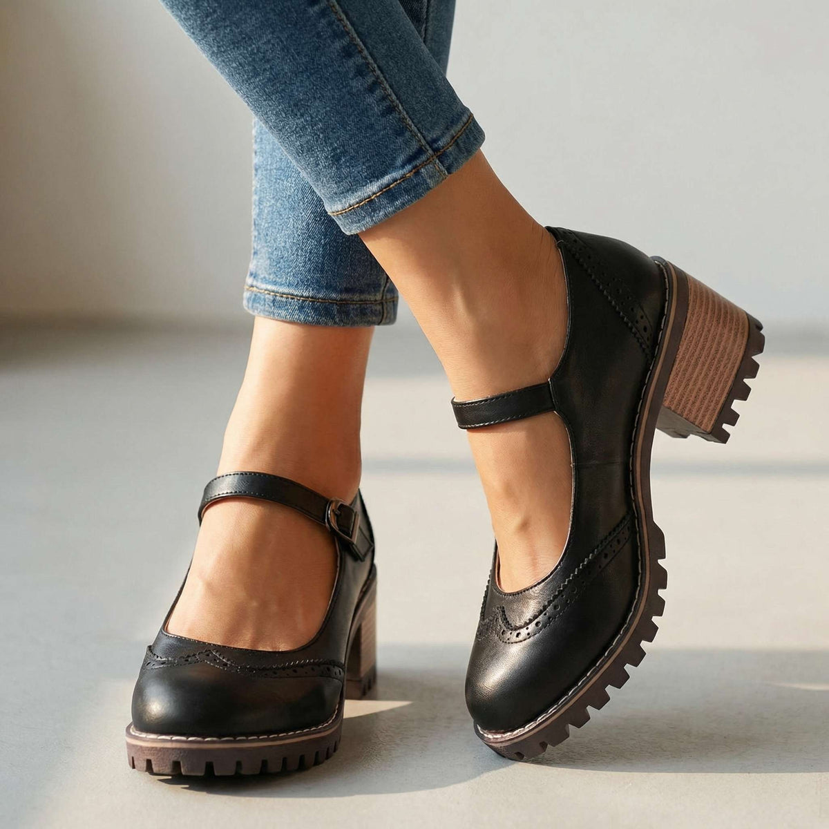 Comfortable Brogue Mary Jane Shoes with Block Heel and Buckle Strap