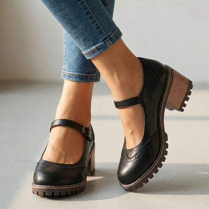 Comfortable Brogue Mary Jane Shoes with Block Heel and Buckle Strap