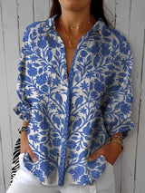 Frederikke Floral Bird Print Button-Down Women's Long Sleeve Blouse