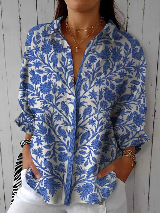 Frederikke Floral Bird Print Button-Down Women's Long Sleeve Blouse