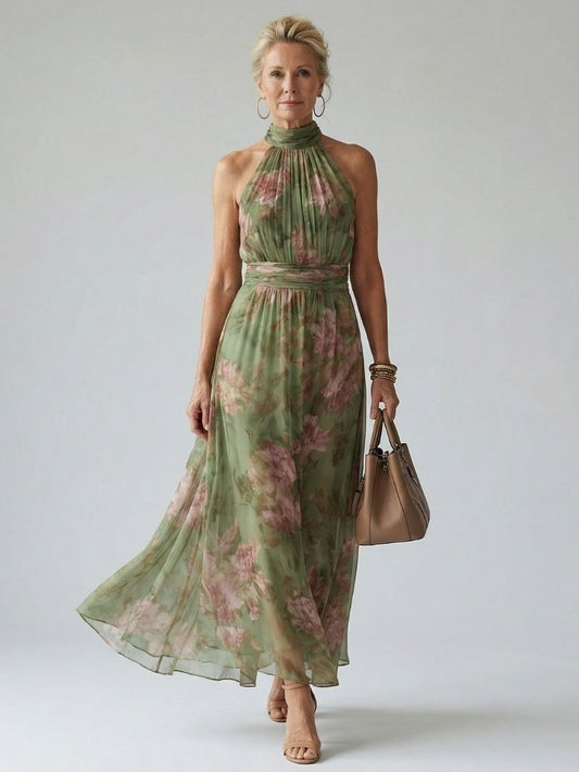 Floral Halter-Neck Summer Maxi Dress with Cinched Waist for Women