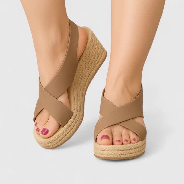 Women's Cushioned Wedge Sandals with Cross-Over Straps and Slingback