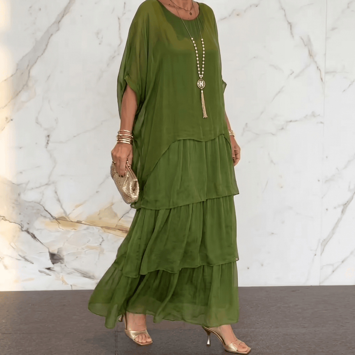 Marella Tiered Chiffon Midi-to-Maxi Dress with Batwing Sleeves