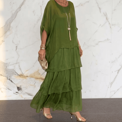 Marella Tiered Chiffon Midi-to-Maxi Dress with Batwing Sleeves