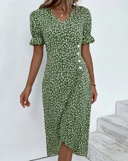 Martha Floral V-Neck Button Front Midi Dress for Women with Puff Sleeves