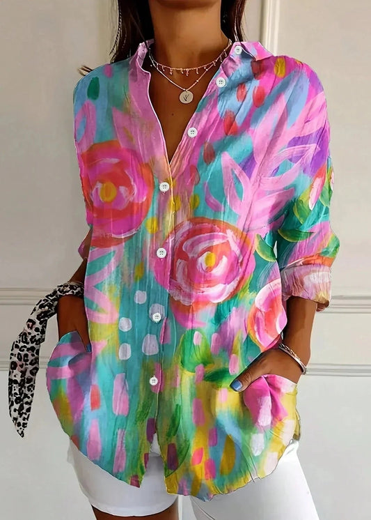Women's Floral Print Long Sleeve Button Up Blouse for Summer