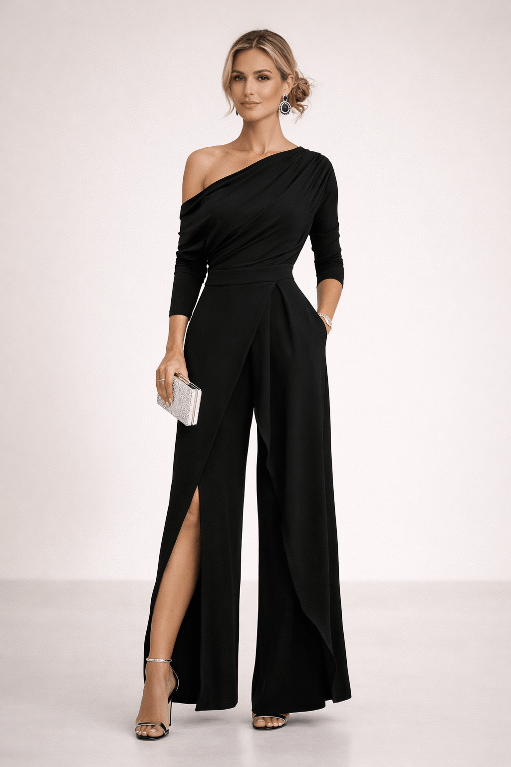 One-Shoulder Wrap-Front Wide-Leg Jumpsuit with Split Skirt Overlay