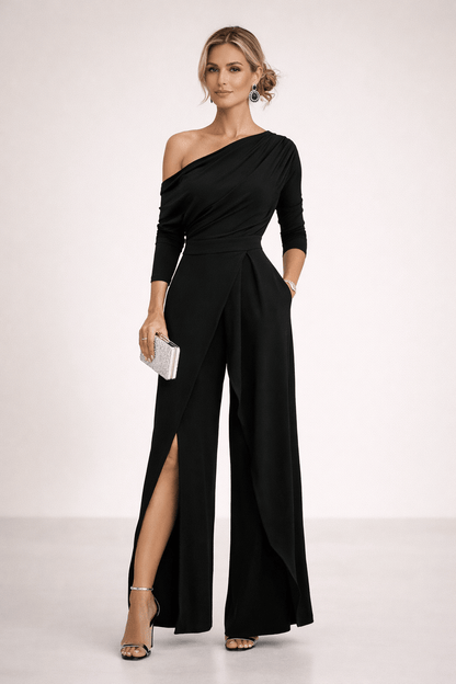 One-Shoulder Wrap-Front Wide-Leg Jumpsuit with Split Skirt Overlay
