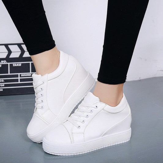 Women's Lace-Up Hidden Wedge Sneakers with Faux Leather Upper and Thick Sole