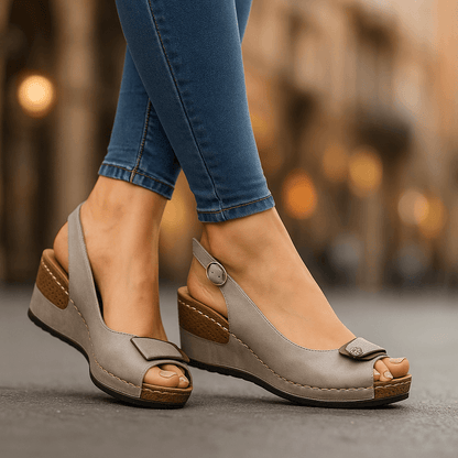 Slingback Peep Toe Leather Sandals with Buckle Strap and Wedge Heel