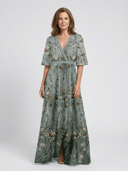 Floral Embroidered Wrap Maxi Summer Dress with Flutter Sleeves for Women