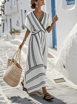 Striped Cross-Neck Wrap Linen Summer Maxi Dress