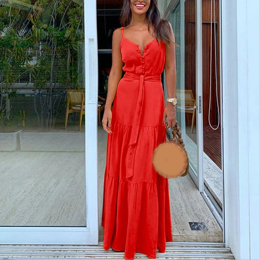 Satin Tiered Maxi Dress with Button Front and Tie Straps for Christmas