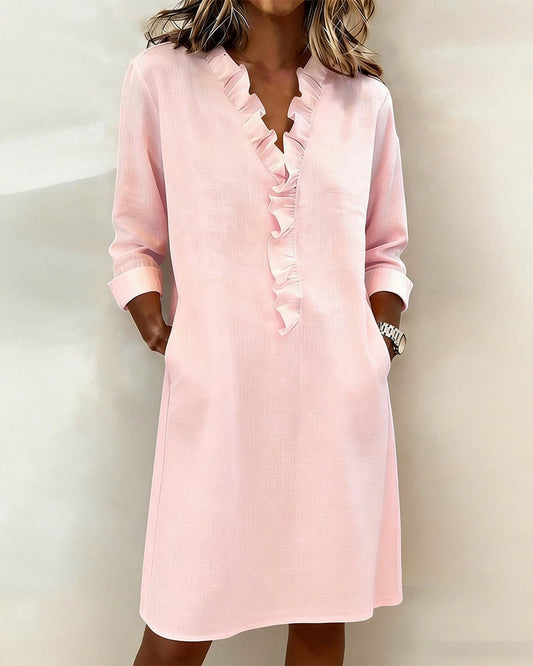 Ruffled V-Neck Linen Cotton Blend Women's Midi Dress with Long Sleeves