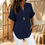 Women's Curved-Hem V-Neck Top with Short Sleeves