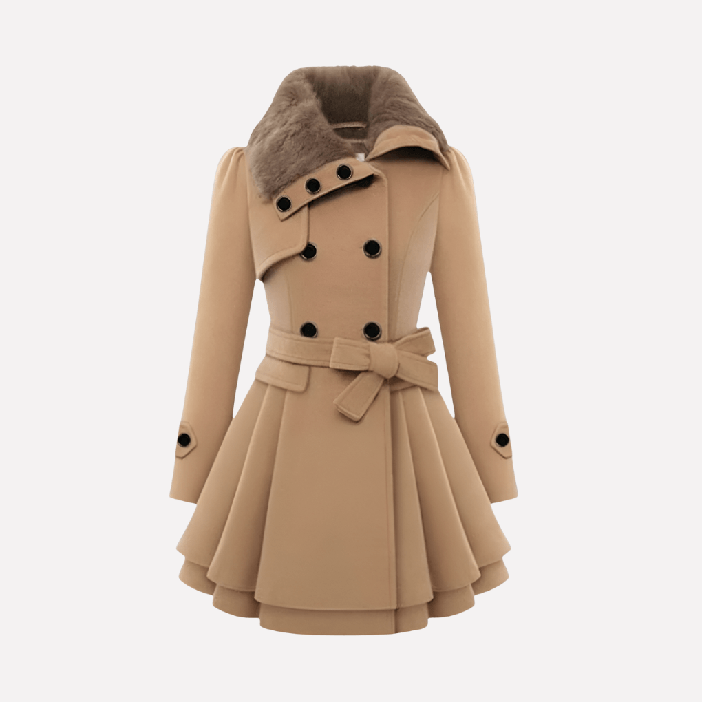 Fit and Flare Wool Blend Pea Coat with Belted Waist and Faux Fur Collar