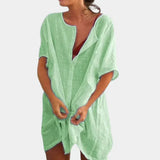 Linen-Blend Short Sleeve Tunic Top with Relaxed Fit and Button Front