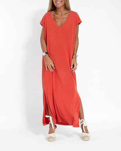 Vera Loose Flowing V-Neck Short Sleeve Maxi Dress with Side Slit