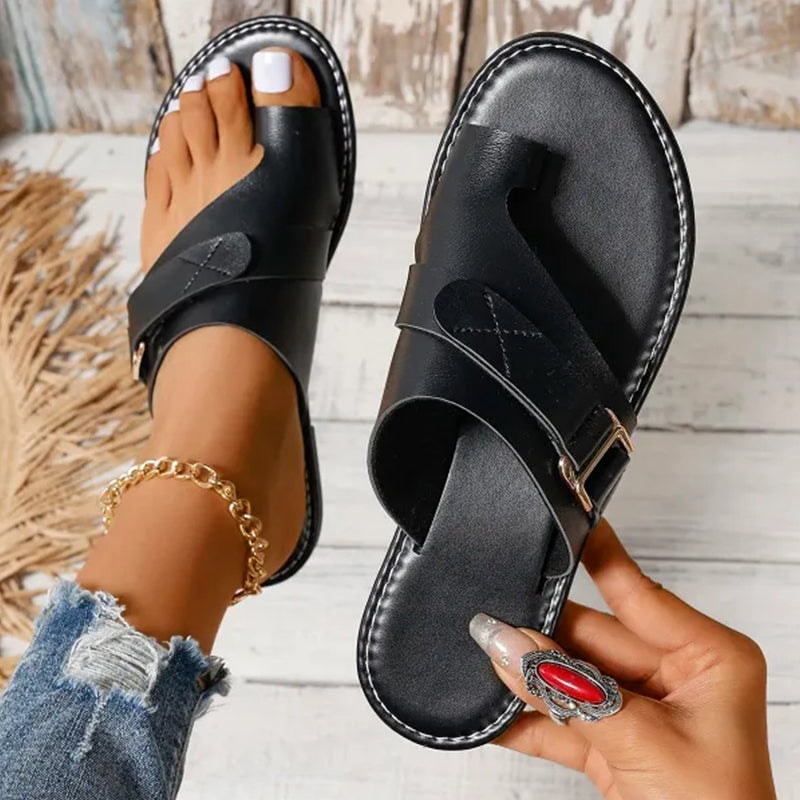 Comfortable Orthopedic Slide Sandals with Flat Sole and Adjustable Buckle Strap