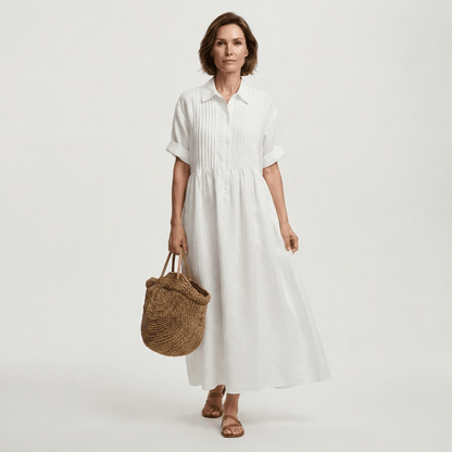 Harper Sutton Pintuck Linen Collared Midi Shirt Dress for Women