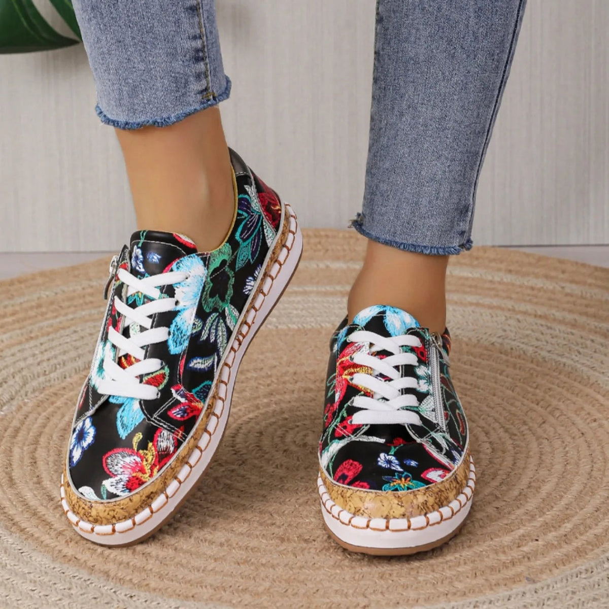Women's Floral Embroidered Lace-Up Espadrille Sneakers with Cork Sole and Side Zip