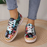 Women's Floral Embroidered Lace-Up Espadrille Sneakers with Cork Sole and Side Zip