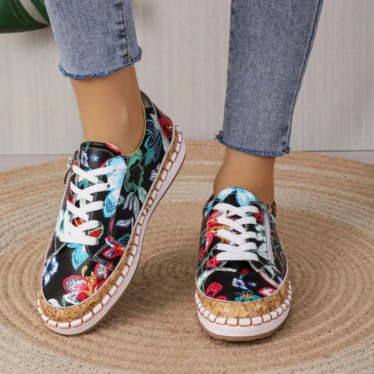 Women's Floral Embroidered Lace-Up Espadrille Sneakers with Cork Sole and Side Zip