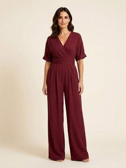 Linen V-Neck Wide-Leg Jumpsuit with Wrap Front and Short Sleeves