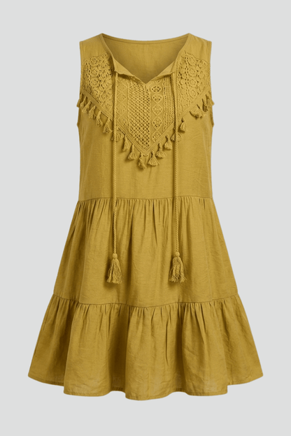 Women's Sleeveless Mini Summer Dress with Tassel Tie V-Neck and Tiered Skirt