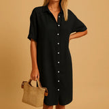 Women's Relaxed Cotton-Blend Button-Down Midi Dress with Short Sleeves