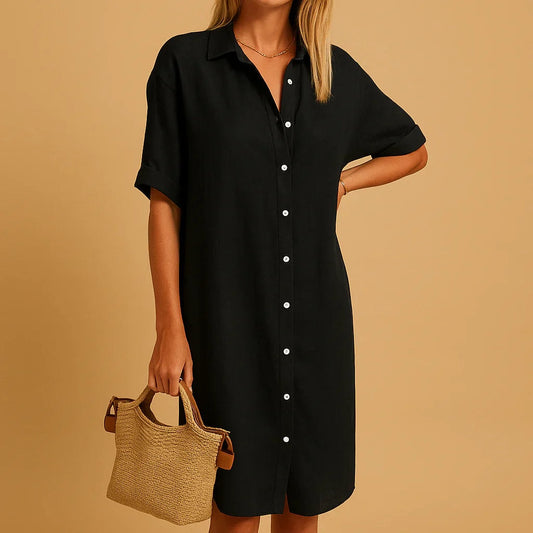 Women's Relaxed Cotton-Blend Button-Down Midi Dress with Short Sleeves