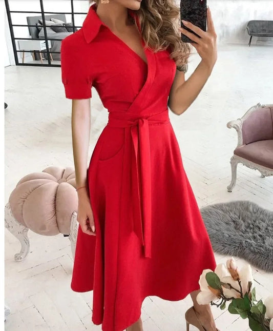 Judy Tie Waist Wrap Style A-Line Midi Dress for Women