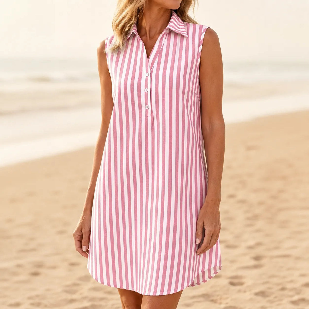 Marena Striped Sleeveless V-Neck Linen-Look Midi Shirt Dress for Women