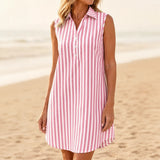 Marena Striped Sleeveless V-Neck Linen-Look Midi Shirt Dress for Women
