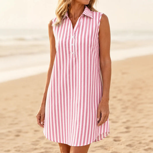 Marena Striped Sleeveless V-Neck Linen-Look Midi Shirt Dress for Women