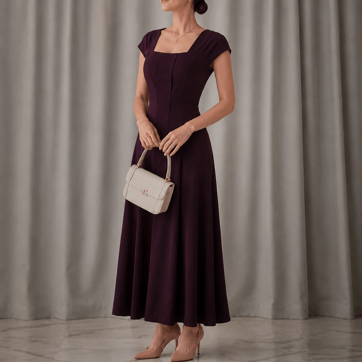 Elowyn Square Neck A-Line Women's Midi Dress with Sculpted Waist Seams