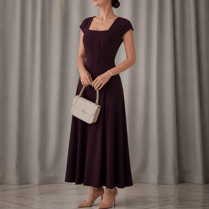 Elowyn Square Neck A-Line Women's Midi Dress with Sculpted Waist Seams