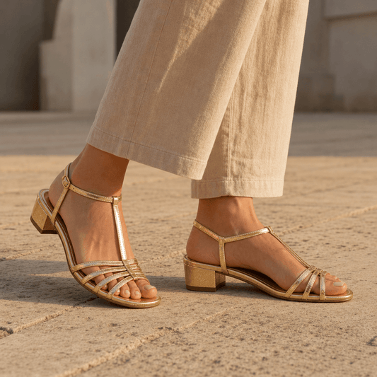 Women's Strappy Low Block Heel Sandals with Orthopedic Footbed and Buckle