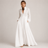 Harper Long-Sleeve Cotton Maxi Christmas Dress with Collar and Pockets