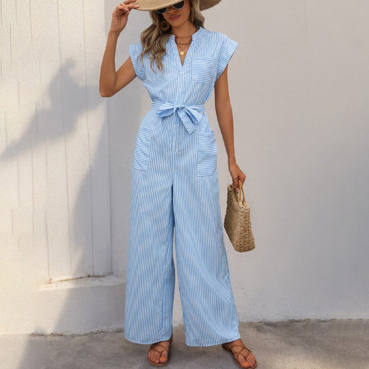 Striped Wide-Leg Jumpsuit with Tie Waist and Shirt Collar for Women